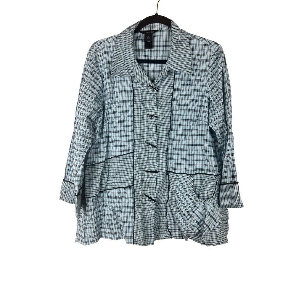 Ali Miles Blue Black Plaid Crinkle Patchwork Button Front Blouse Medium